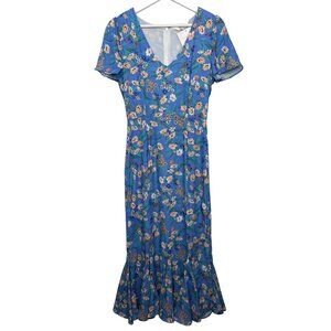 LaRoque Midi Dress XS NWT Blue Floral Ruffle Hem Cottagecore Romantic Boho